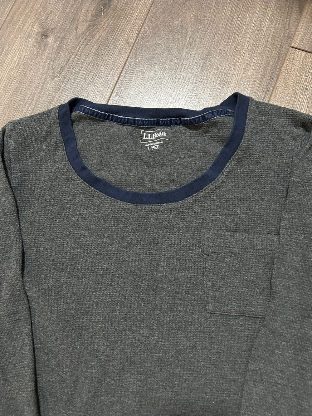 L.L. Bean Women’s Charcoal Long Sleeve Pocket Tee with Navy Trim